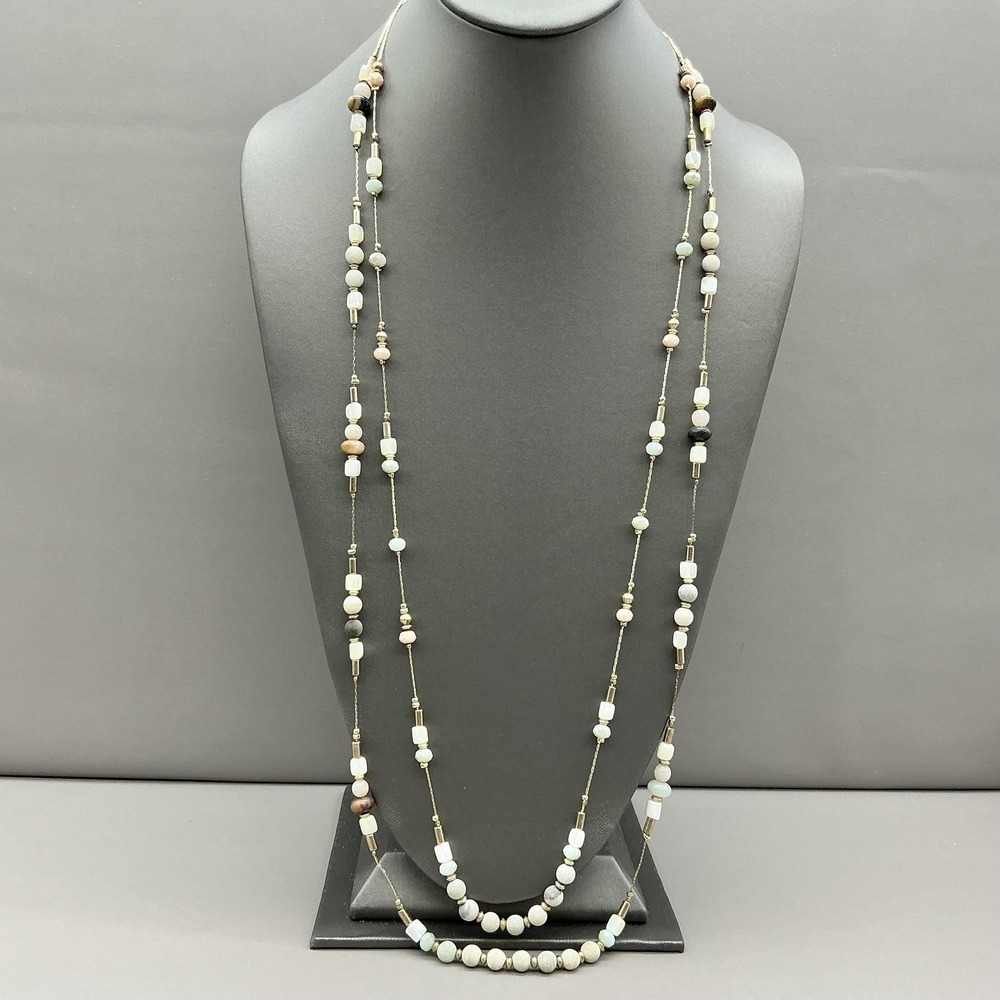 Necklace Multi Strand Layered Multicolor Stone Beads Gold Tone Station Boho 26"